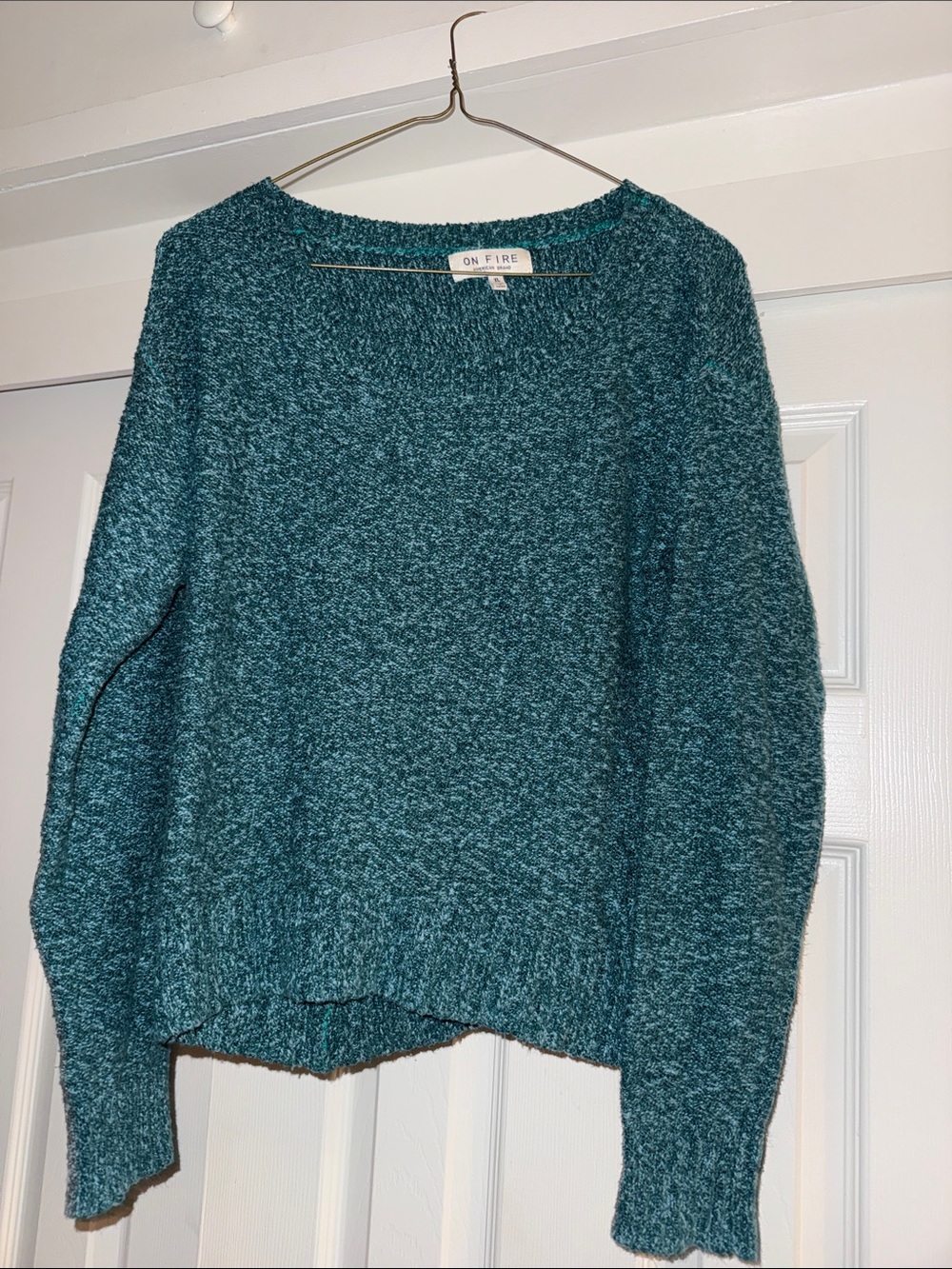 On Fire Teal Moss Green Scoop-Crew Knit Sweater